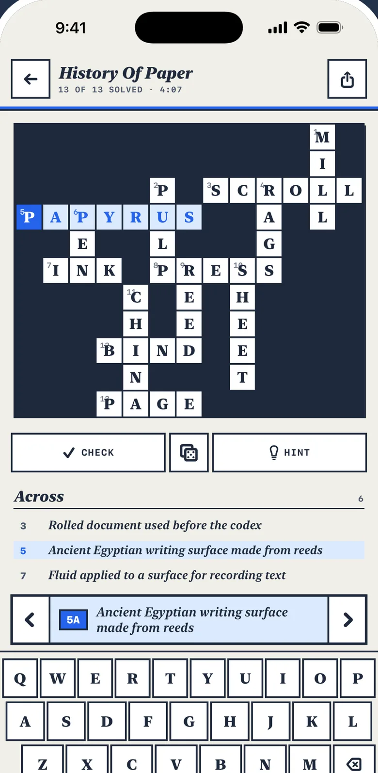 The History Of Paper crossword filled in across and down, with its clue list