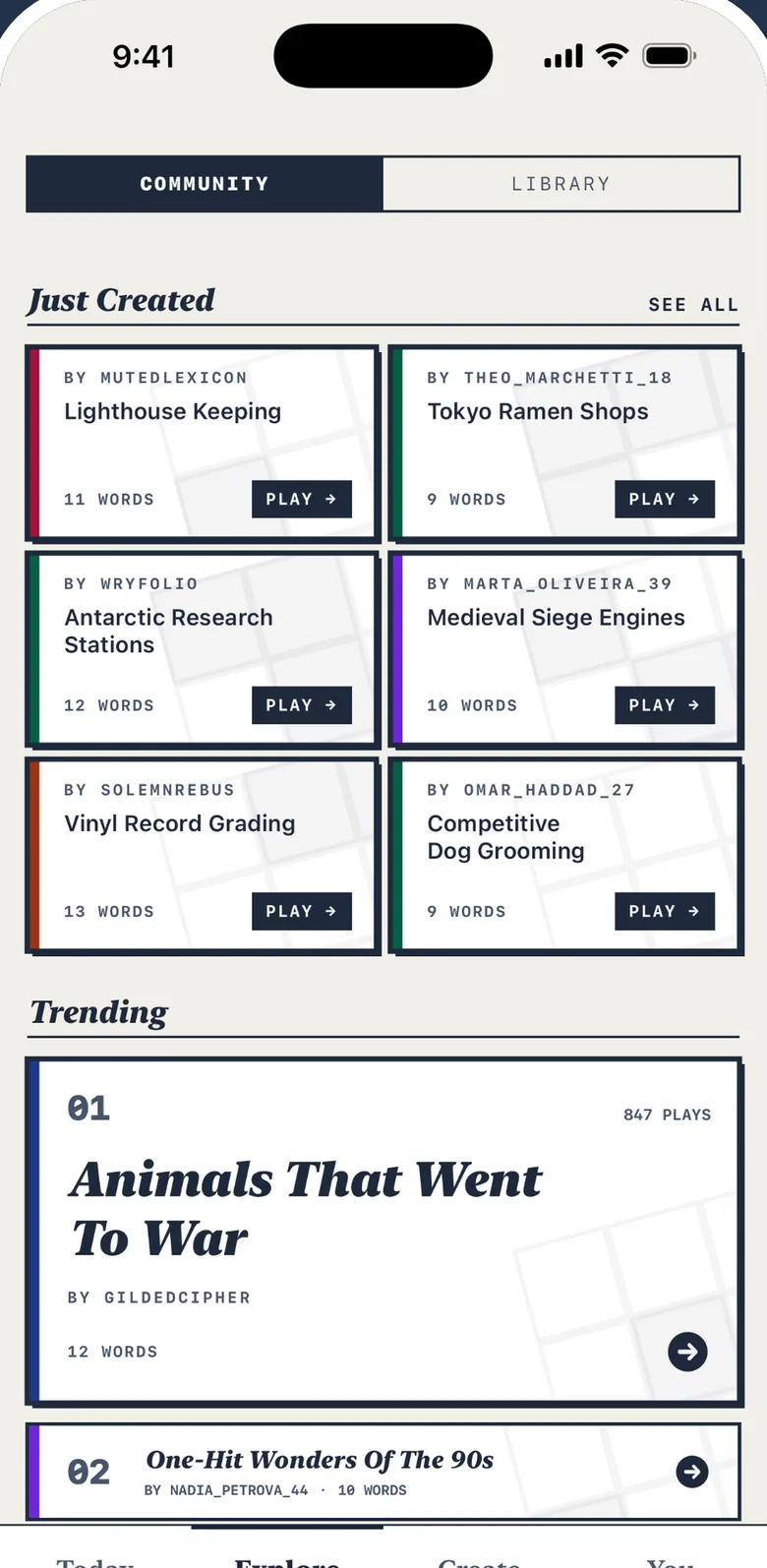 The CrossIQ community feed: just-created and trending crosswords made by other players