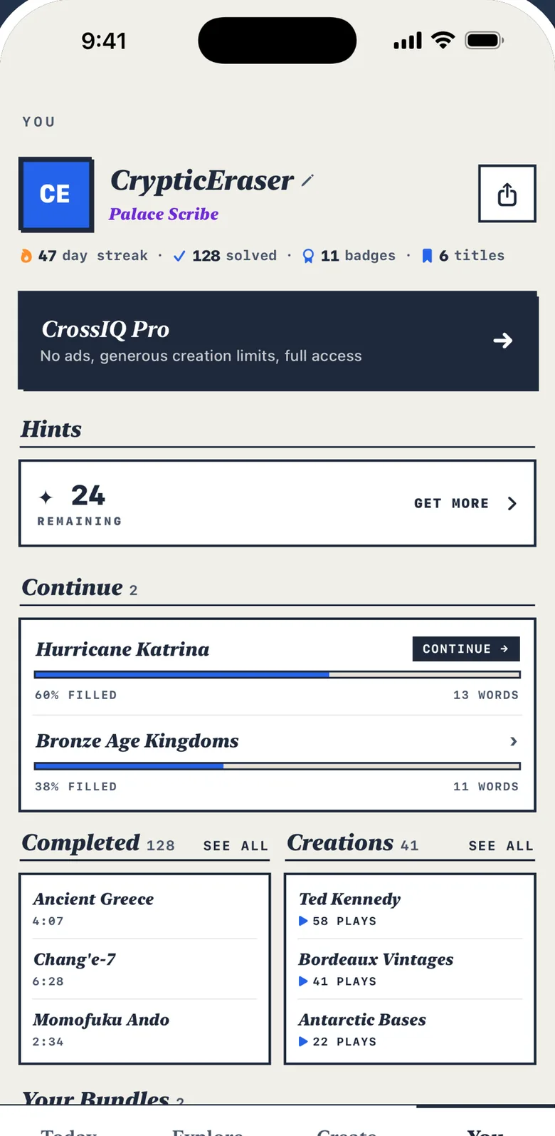 A CrossIQ player profile with an equipped title, streak, solves, badges and titles