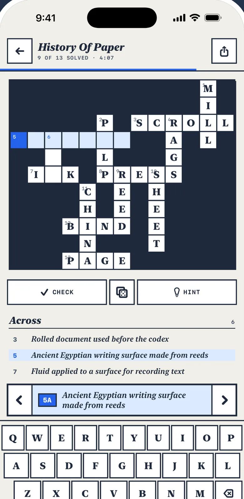 The History Of Paper crossword mid-solve, with the clue “Ancient Egyptian writing surface made from reeds” highlighted