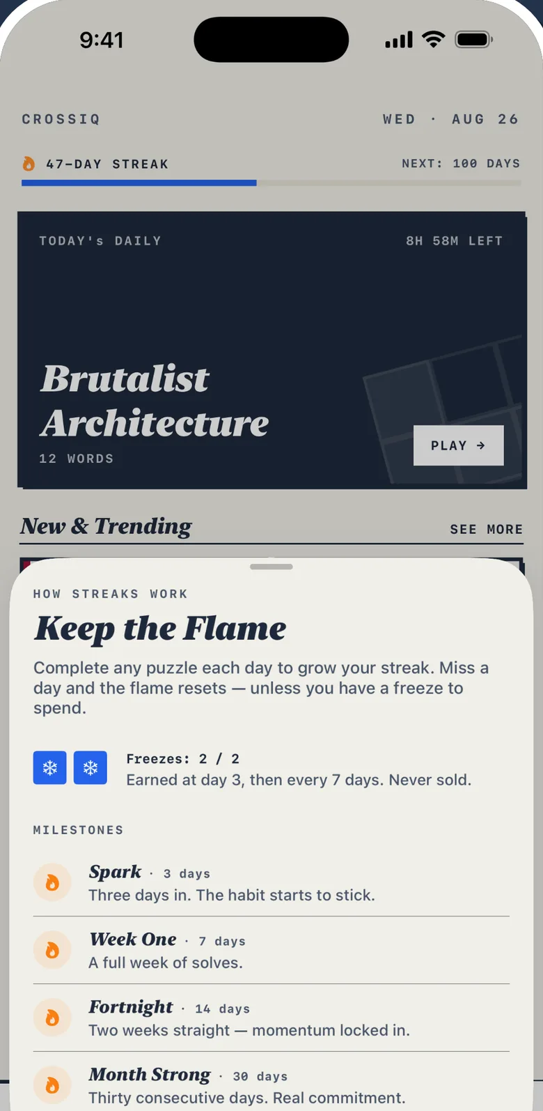 The Keep the Flame sheet: streak freezes and streak milestones